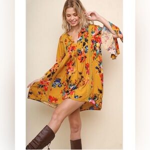Umgee Mustard Floral Mumu-Boho Mini Dress Size S
